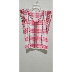 Girls Pink White Plaid Cotton Short Sleeve Ruffle Embroidered Casual Top Size S